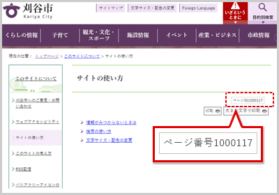 ページタイトルの下に掲載されているページIDを示した図