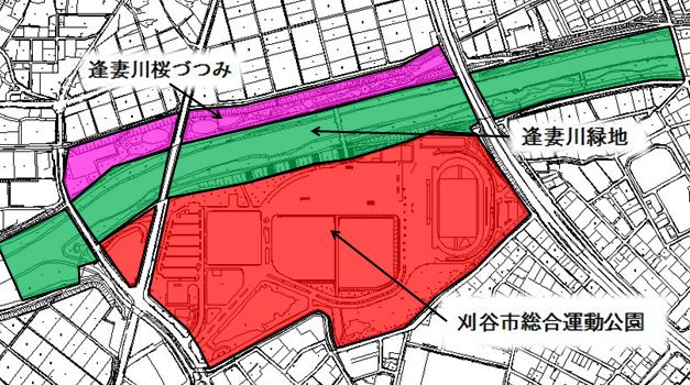 地図:刈谷市総合運動公園、逢妻川緑地、逢妻川桜づつみ周辺