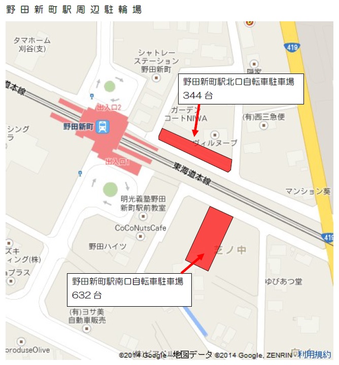 地図：野田新町駅周辺駐輪場