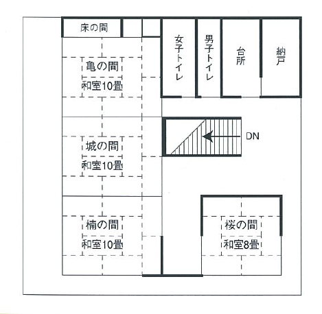 イラスト：十朋亭（じっぽうてい）2階の各部屋（亀・城・楠・桜の間）の間取図面