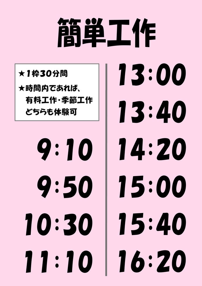 体験時間：9時10分,9時50分,10時30分,11時10分,13時00分,13時40分,14時20分,15時00分,15時40分,16時20分